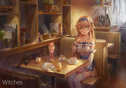 Rule 34 | 1girl, :o, bare shoulders, black cat, blonde hair, blue hairband, blue skirt, blush, book, cake, cake slice, cat, collarbone, cup, detached sleeves, drinking glass, eating, english text, feet out of frame, food, fork, fruit, green eyes, hairband, halterneck, highres, holding, holding fork, ice cream, indoors, long hair, long sleeves, miniskirt, off-shoulder shirt, off shoulder, open mouth, original, painting (object), plant, plate, potted plant, seat, shelf, shirt, sitting, skirt, solo, strawberry, sundae, table, tea, teacup, teapot, thighhighs, very long hair, white shirt, white thighhighs, wooden table, yahiro (heartseek000), zettai ryouiki