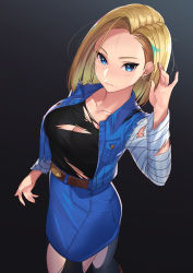 Rule 34 | 1girl, android 18, belt, belt skirt, black background, boots, breast pocket, breasts, buttons, cleavage, closed mouth, collarbone, commentary request, denim, denim skirt, dragon ball, dragonball z, earrings, fingernails, gradient background, highres, jacket, jewelry, kagematsuri, lips, long sleeves, looking at viewer, looking back, medium breasts, miniskirt, pantyhose, parted bangs, pocket, simple background, skirt, sleeveless, sleeveless jacket, solo, striped, torn clothes, torn pantyhose