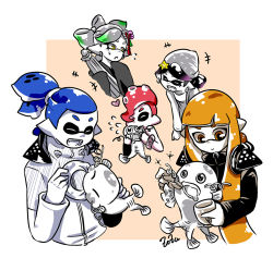 Rule 34 | +++, + +, 2boys, 3girls, artist name, beige background, black hair, blue hair, blunt bangs, callie (splatoon), closed eyes, cropped torso, donut (zoza), doughnut, earrings, eating, fangs, feeding, flower, flying sweatdrops, food, gradient hair, green hair, grey hair, hair flower, hair ornament, headgear, heart, holding, holding umbrella, inkling, inkling boy, inkling girl, inkling player character, japanese clothes, jewelry, kimono, leaning forward, long hair, long sleeves, looking at another, marie (splatoon), mole, mole under eye, multicolored hair, multiple boys, multiple girls, name connection, nintendo, octoling, octoling boy, octoling player character, oil-paper umbrella, open mouth, orange eyes, orange hair, outside border, partially colored, pointy ears, pudding, pudding (zoza), purple hair, red hair, scrunchie, short hair, signature, smile, sparkle, splatoon (series), splatoon 1, splatoon 2, splatoon 2: octo expansion, squidbeak splatoon, standing, star (symbol), star hair ornament, sweatdrop, tentacle hair, topknot, umbrella, vest, wide sleeves, yellow eyes, zapfish, zoza