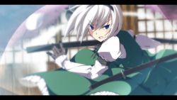 Rule 34 | 1girl, absurdres, black bow, black bowtie, bloom, blouse, blue eyes, bow, bowtie, clothes lift, collared shirt, cowboy shot, female focus, fighting stance, from side, gloves, highres, katana, konpaku youmu, konpaku youmu (ghost), letterboxed, ready to draw, sakurame, scabbard, sheath, sheathed, shirt, short hair, solo, swept bangs, sword, touhou, v-shaped eyebrows, wallpaper, weapon, white hair, white shirt
