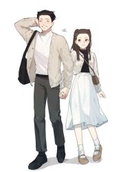 Rule 34 | 1boy, 1girl, ace attorney, attossllxx, bag, belt, black belt, black footwear, black hair, brown eyes, brown footwear, brown hair, casual, cropped jacket, full body, grey pants, hetero, highres, holding hands, iris (ace attorney), jacket, long hair, long sleeves, looking at another, open clothes, open jacket, pants, phoenix wright, phoenix wright: ace attorney - trials and tribulations, shirt, shoes, shoulder bag, simple background, skirt, smile, socks, standing, white background, white jacket, white shirt, white skirt, white socks