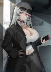 Rule 34 | 1girl, absurdres, belt, black belt, black choker, black coat, breasts, cellphone, choker, cleavage, closed mouth, coat, collarbone, eyewear on head, feet out of frame, grey pants, hair ornament, hairclip, hand on own hip, highres, holding, holding phone, j yak47, klone (j.roswel), large breasts, long hair, looking at viewer, multicolored hair, navel, open clothes, open coat, original, pants, phone, purple eyes, shirt, simple background, smartphone, solo, standing, sunglasses, white hair, white shirt
