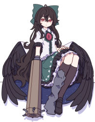 Rule 34 | 1girl, absurdres, ahoge, arm cannon, bird wings, black footwear, black hair, black thighhighs, black wings, blush stickers, bow, closed mouth, collared shirt, commentary, feathered wings, frilled skirt, frills, full body, green bow, green skirt, hair between eyes, hair bow, highres, kame (kamepan44231), long hair, looking at viewer, one-hour drawing challenge, petticoat, red eyes, reiuji utsuho, shirt, shoes, short sleeves, simple background, skirt, solo, thighhighs, third eye, touhou, weapon, white background, white shirt, wings