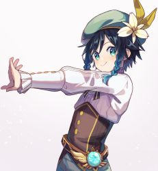 Rule 34 | 1boy, androgynous, beret, black hair, blue hair, blush, bow, braid, closed mouth, commentary, commentary request, corset, flower, frilled sleeves, frills, from side, genshin impact, gradient hair, green eyes, green hat, hat, hat flower, highres, leaf, long sleeves, looking at viewer, male focus, multicolored hair, shirt, short hair with long locks, simple background, smile, solo, stretching, symbol-only commentary, tamakibi, twin braids, venti (genshin impact), vision (genshin impact), white background, white flower, white shirt