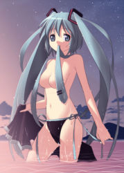 Rule 34 | 1girl, aqua eyes, aqua hair, breasts, censored, convenient censoring, hatsune miku, long hair, mouth hold, nagareboshi, navel, necktie, open clothes, open skirt, panties, side-tie panties, skirt, unworn skirt, solo, star (symbol), topless, twintails, underwear, undressing, untying, very long hair, vocaloid, wading, water, wet