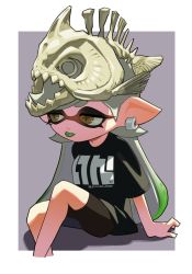 Rule 34 | + +, 1girl, alternate hairstyle, black shirt, black shorts, brown eyes, casual, closed mouth, colored tongue, commentary, crossed legs, earrings, frown, gradient hair, green hair, green tongue, grey background, grey hair, hair down, highres, inkling, jewelry, long hair, looking to the side, marie (splatoon), mole, mole under eye, multicolored hair, nintendo, pointy ears, puchiman, shirt, short sleeves, shorts, sitting, skull on head, solo, splatoon (series), splatoon 2, swept bangs, symbol-only commentary, t-shirt, tentacle hair, twitter username