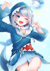 Rule 34 | 1girl, :d, absurdres, acchun, arms up, bloop (gawr gura), blue background, blue eyes, blue hoodie, fins, fish tail, flat chest, gawr gura, gawr gura (1st costume), highres, hololive, hololive english, hood, hood up, hoodie, light blush, long sleeves, looking at viewer, multicolored hair, nail polish, one eye closed, open mouth, paw pose, pocket, red headwear, shark, shark girl, shark tail, sharp teeth, sidelocks, smile, streaked hair, tail, teeth, thighs, upper teeth only, virtual youtuber, white hair