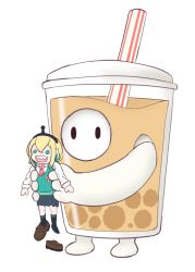 Rule 34 | 1girl, 1other, :d, amano pikamee, black hairband, blonde hair, blue skirt, blue socks, brown footwear, bubble tea, chibi, collared shirt, commentary request, costume, cup, disposable cup, dress shirt, drinking straw, emblem, english text, fall guy, fall guys, food, green eyes, green sweater, green sweater vest, hair between eyes, hairband, highres, kneehighs, lifting person, loafers, long sleeves, medium hair, necktie, open mouth, owlsoda, pleated skirt, red neckwear, school uniform, sharp teeth, shirt, shoes, short hair, sidelocks, simple background, skirt, smile, socks, solid circle eyes, solid oval eyes, striped clothes, striped socks, sweater, sweater vest, teeth, transparent background, virtual youtuber, voms, white background, white shirt