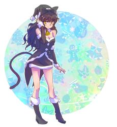 Rule 34 | 1girl, bare shoulders, bell, black dress, black hair, black santa costume, blake belladonna, blush, boots, bow, breasts, cat tail, cleavage, closed mouth, coattails, detached sleeves, dress, full body, fur trim, hair bow, hair ribbon, hand in own hair, hand up, happy, hat, highres, iesupa, long hair, looking at viewer, ribbon, rwby, santa costume, santa hat, smile, solo, standing, tail, yellow eyes