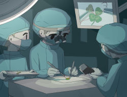 Rule 34 | 3others, absurdres, avogado6, binoculars, black eyes, brown hair, clover, four-leaf clover, highres, holding, holding tray, jitome, lab coat, leaf, mask, microscope, mouth mask, multiple others, original, pincers, surgeon, surgery, surgical mask, thread, tray, tying