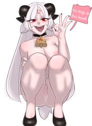 Rule 34 | 1girl, absurdres, animal ears, anus, ass, baphomet (grizz), bell, black horns, blush, breasts, demon girl, demon horns, english text, goat horns, gonzalocosta888, hard-translated, helltaker, highres, horns, large breasts, long hair, monster girl, neck bell, nipples, nude, pussy, red eyes, solo, squatting, third-party edit, white hair