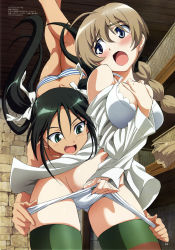 Rule 34 | 2girls, absurdres, assisted exposure, black hair, blue eyes, bra, braid, breasts, brown hair, cleavage, fang, francesca lucchini, green eyes, highres, lingerie, long hair, lynette bishop, megami magazine, multiple girls, official art, open mouth, panties, pantsing, panty pull, shirt, strike witches, striped clothes, striped legwear, striped panties, tamura masafumi, thighhighs, twintails, underwear, undressing, world witches series, you gonna get raped, yuri