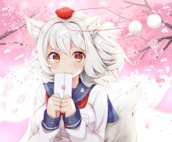 Rule 34 | 1girl, alternate costume, animal ear fluff, animal ears, blouse, blush, breasts, cherry blossoms, commentary request, day, eyebrows hidden by hair, falling petals, floating hair, hair intakes, hands up, hat, heart, holding, holding letter, inubashiri momiji, large breasts, letter, looking at viewer, medium hair, neckerchief, outdoors, petals, red hat, red neckerchief, rururiaru, shirt, solo, tokin hat, touhou, upper body, white hair, white shirt, wolf ears