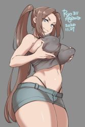 Rule 34 | 1girl, 2020, agawa ryou, artist name, belly, black panties, blue eyes, breasts, brown hair, commentary, covered erect nipples, dated, grabbing own breast, grey background, large breasts, long hair, navel, original, panties, ponytail, short shorts, shorts, signature, simple background, solo, thick thighs, thighs, underwear, very long hair