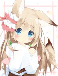 Rule 34 | 1girl, animal ear fluff, animal ears, blue eyes, blush, bow, closed mouth, commentary request, flying sweatdrops, fox ears, fox girl, fox tail, hair between eyes, hair ornament, hands up, head tilt, highres, kushida you, light brown hair, long hair, long sleeves, original, red bow, shirt, sleeves past wrists, solo, tail, tail raised, wavy mouth, white background, white shirt, wide sleeves