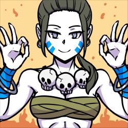 Rule 34 | 1girl, akairiot, black hair, breasts, cosplay, dhalsim, dhalsim (cosplay), facepaint, grey eyes, large breasts, long hair, looking at viewer, lowres, necklace, nintendo, palms together, ponytail, skull necklace, smile, solo, street fighter, super smash bros., wii fit, wii fit trainer, wii fit trainer (female)