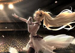 Rule 34 | 1girl, absurdres, ahoge, animal ears, backlighting, belt, black thighhighs, blonde hair, breasts, closed eyes, concert, cowboy shot, dress, from side, hair ornament, hairclip, heaven5266, highres, holding, holding microphone, hololive, horns, large breasts, light blush, long hair, microphone, music, official alternate costume, outstretched arm, overskirt, ponytail, profile, see-through sleeve layer, sheep ears, sheep girl, sheep horns, short sleeves, singing, solo, stage, thigh strap, thighhighs, tsunomaki watame, tsunomaki watame (watame night fever!!), very long hair, virtual youtuber, white belt, white dress
