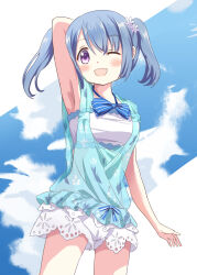 Rule 34 | 1girl, :d, ;d, arm at side, arm up, armpits, blue bow, blue bowtie, blue hair, blue shirt, blue sky, blush, bow, bowtie, cloud, cloudy sky, cowboy shot, crop top, flower, from below, hair flower, hair ornament, highres, kasane ao, looking at viewer, magia record: mahou shoujo madoka magica gaiden, mahou shoujo madoka magica, medium hair, official alternate costume, one eye closed, open mouth, print shirt, purple eyes, rikopin, see-through, see-through shirt, shirt, shirt under shirt, short shorts, shorts, sidelocks, sky, smile, solo, swept bangs, twintails, white shirt, white shorts