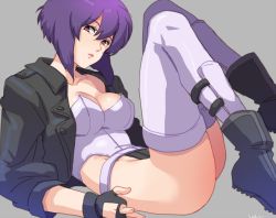 Rule 34 | 1girl, bad id, bad pixiv id, breasts, cleavage, fingerless gloves, ghost in the shell, ghost in the shell stand alone complex, gloves, grey background, jacket, katsuoboshi, kusanagi motoko, leotard, looking at viewer, lying, parted lips, purple hair, red eyes, short hair, solo, thighhighs