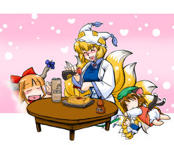 Rule 34 | 3girls, :&lt;, :d, ^ ^, aburaage, alcohol, animal ears, animal hat, azuki osamitsu, beer, blonde hair, bloomers, brown hair, cat ears, cat girl, cat tail, chen, chibi, closed eyes, doll, earrings, female focus, food, fox tail, hat, heart, heart in mouth, horns, hugging another&#039;s tail, ibuki suika, jewelry, long sleeves, mob cap, multiple girls, multiple tails, open mouth, orange hair, pouring, ribbon, short hair, sleeping, smile, soy sauce, stuffed animal, stuffed toy, tail, hugging tail, tassel, tofu, touhou, underwear, wide sleeves, yakumo ran