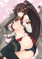Rule 34 | 10s, 1girl, ass, black panties, black thighhighs, blush, breasts, brown eyes, brown hair, cameltoe, cherry blossoms, detached sleeves, flower, hair flower, hair ornament, kantai collection, large breasts, long hair, looking at viewer, miniskirt, navel, nipples, panties, personification, ponytail, single thighhigh, skirt, smile, solo, thighhighs, torn clothes, torn skirt, underwear, utakata (kochou no yume), very long hair, yamato (kancolle)