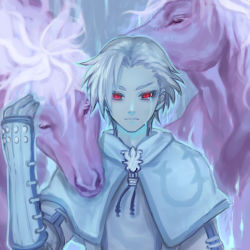 Rule 34 | 1boy, asymmetrical hair, aura, brooch, capelet, closed mouth, commentary request, crying, crying with eyes open, doppelganger (ragnarok online), gauntlets, gloves, horse, jewelry, limited palette, looking at viewer, misuguu, nightmare (ragnarok online), ragnarok online, red eyes, shirt, short hair, swordsman (ragnarok online), tears, upper body