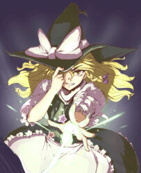 Rule 34 | 1girl, :d, amorphous, apron, black background, black hat, blonde hair, bow, braid, commentary request, derivative work, hand on headwear, hat, hat bow, highres, kirisame marisa, long hair, looking at viewer, master spark, open mouth, short sleeves, side braid, single braid, smile, solo, spell card, star (symbol), touhou, waist apron, white apron, white bow