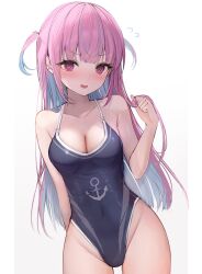 Rule 34 | 1girl, @ @, anchor symbol, arm behind back, bare shoulders, blue hair, blue one-piece swimsuit, blush, breasts, cleavage, collarbone, colored inner hair, commentary request, covered navel, cowboy shot, eyelashes, flying sweatdrops, highleg, highleg swimsuit, highres, holding, holding own hair, hololive, iruka3, long hair, looking at viewer, medium breasts, minato aqua, multicolored hair, one-piece swimsuit, parted lips, pink hair, purple eyes, simple background, solo, swimsuit, two-tone hair, two side up, v-shaped eyebrows, virtual youtuber, white background