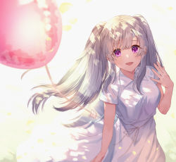 Rule 34 | 1girl, :d, balloon, bandaid, bandaid on face, bandaid on forehead, breasts, collared dress, commentary request, dress, from above, highres, idolmaster, idolmaster shiny colors, long hair, looking at viewer, looking up, medium breasts, open mouth, petals, purple eyes, shio kouji (shiokojii), short sleeves, sidelocks, silver hair, smile, solo, twintails, white dress, yukoku kiriko