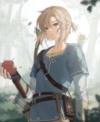 Rule 34 | 1boy, apple, arrow (projectile), black gloves, blonde hair, blue eyes, blue tunic, bow (weapon), closed mouth, earrings, fingerless gloves, food, fruit, gloves, hair between eyes, highres, holding, holding food, holding fruit, jewelry, korok, leaf, link, mada (shizhou), male focus, nintendo, pointy ears, ponytail, quiver, sheikah slate, short ponytail, the legend of zelda, the legend of zelda: breath of the wild, tree, tunic, weapon, weapon on back