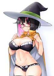 Rule 34 | 1girl, areola slip, black hair, bra, breasts, cape, cleavage, cosplay, glasses, hat, highres, lace, large breasts, mage (dq3) (cosplay), multicolored hair, navel, panties, rijiato, solo, super mican, thighs, underwear, witch hat