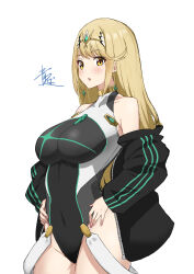 Rule 34 | 1girl, :o, absurdres, alternate color, alternate costume, aotsuba, black one-piece swimsuit, blonde hair, blush, breasts, chest jewel, commentary request, competition swimsuit, cosplay, covered navel, grey one-piece swimsuit, hands on own hips, highres, jacket, large breasts, long hair, looking at viewer, mythra (xenoblade), one-piece swimsuit, open clothes, open jacket, pyra (pro swimmer) (xenoblade), pyra (xenoblade), pyra (xenoblade) (cosplay), solo, swept bangs, swimsuit, tiara, track jacket, very long hair, white background, white one-piece swimsuit, xenoblade chronicles (series), xenoblade chronicles 2, yellow eyes