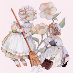 Rule 34 | 1girl, animal, apron, black footwear, bow, bowtie, broken plate, broom, brown hair, clothed animal, collar, collarbone, dress, dustpan, flower, frilled collar, frilled hat, frills, hat, highres, hooves, horns, kneeling, long sleeves, looking at another, maid, mary janes, mob cap, original, plate, poppy (flower), puffy sleeves, sheep, sheep horns, shoes, short hair, short sleeves, simple background, standing, sweeping, tono (rt0no), white apron