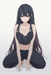 Rule 34 | 1girl, banned artist, bare shoulders, barefoot, black hair, black legwear, black pants, black shirt, blunt bangs, breasts, cleavage, collarbone, full body, hands on ground, hinaki (hinaki 0102), large breasts, mole, mole under eye, navel, open mouth, original, pants, shirt, simple background, solo, squatting, white background