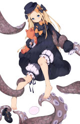 Rule 34 | 1girl, abigail williams (fate), absurdres, barefoot, black bow, black dress, black hat, blonde hair, bloomers, blue eyes, blush, bow, breasts, chashuwu, dress, fate/grand order, fate (series), feet, forehead, hair bow, hat, highres, long hair, long sleeves, looking at viewer, multiple bows, orange bow, parted bangs, polka dot, polka dot bow, restrained, ribbed dress, sleeves past fingers, sleeves past wrists, small breasts, stuffed animal, stuffed toy, teddy bear, tentacles, underwear, white bloomers