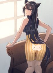 Rule 34 | 1girl, alternate costume, animal ears, animal print, ass, black hair, black sweater, breasts, brown eyes, cat ears, cat print, chair, closed mouth, head tilt, highres, kantai collection, kasumi (skchkko), large breasts, long hair, looking at viewer, nagato (kancolle), ribbed sweater, shorts, sleeveless, sleeveless sweater, solo, striped clothes, striped shorts, sweater, very long hair, window, yellow shorts