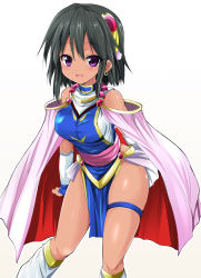 Rule 34 | 1girl, :d, bare shoulders, black hair, blush, boots, breasts, can can bunny, cape, cosplay, curvy, dark-skinned female, dark skin, earrings, hair ornament, highres, hoop earrings, idolmaster, idolmaster cinderella girls, jewelry, knee boots, leaning forward, looking at viewer, medium breasts, natalia (idolmaster), open mouth, purple eyes, sen (astronomy), shiny skin, short hair, skirt, smile, solo, swatty, swatty (cosplay), white background, wide hips, wrist cuffs