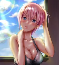 Rule 34 | 1girl, absurdres, adjusting hair, bare shoulders, black tank top, blue eyes, blue sky, blush, breasts, cleavage, cloud, collarbone, day, go-toubun no hanayome, hand on own neck, highres, large breasts, lens flare, looking at viewer, nakano ichika, parted lips, pink hair, short hair, sky, sun, tank top, user amwg5747, window