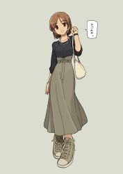 Rule 34 | 1girl, azumaya toushirou, bag, belt, black shirt, blouse, bob cut, bracelet, brown eyes, brown hair, brown skirt, collarbone, commentary request, converse, earrings, full body, grey background, highres, jewelry, long skirt, looking at viewer, necktie, open mouth, original, scoop neck, shirt, shoes, shoulder bag, simple background, skirt, sneakers, solo, speech bubble, suspender skirt, suspenders, translation request