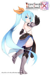 Rule 34 | 1girl, armor, ass, belt, bikini, bikini top only, black thighhighs, blue eyes, blue hair, brave sword x blaze soul, breasts, elbow gloves, from behind, gloves, highres, long hair, looking back, morino donguri, outstretched arm, pelvic curtain, ponytail, ribbon, sideboob, skirt, small breasts, solo, standing, standing on one leg, swimsuit, thighhighs, vambraces, very long hair