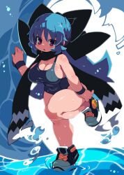 Rule 34 | 1girl, absurdres, artist name, black bow, black footwear, black scarf, blue hair, blue one-piece swimsuit, bow, breasts, cleavage, hair between eyes, hair bow, highres, large breasts, long hair, looking at viewer, one-piece swimsuit, original, purple eyes, scarf, shoes, sneakers, solo, standing, standing on one leg, swimsuit, thighs, water, wet, zankuro