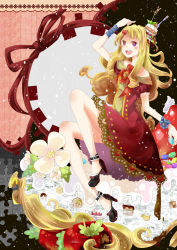Rule 34 | 1girl, apple, blonde hair, cake, cake hat, cherry, dress, fang, flower, food, food as clothes, food-themed clothes, fruit, hat, high heels, highres, long hair, open mouth, original, pastry, purple eyes, shoes, solo, tomoshibi (vdn)