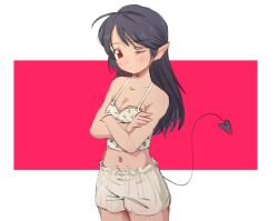 Rule 34 | 1girl, bare shoulders, black hair, bloomers, blush, breasts, camisole, character request, closed mouth, commission, copyright request, cowboy shot, crossed arms, demon tail, dot mouth, dot nose, hair behind ear, jean bomjan, looking at viewer, medium hair, midriff, mole, mole under mouth, navel, one eye closed, pointy ears, raised eyebrow, rectangle, red eyes, small breasts, solo, tail, underwear, white background
