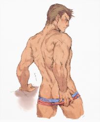 Rule 34 | 1boy, akutsumi, ass, bara, character request, copyright request, male focus, muscular, topless male, solo, underwear, undressing