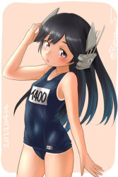 Rule 34 | 1girl, black hair, blue one-piece swimsuit, cowboy shot, dated, flat chest, grey eyes, headgear, i-400 (kancolle), kantai collection, long hair, name tag, one-hour drawing challenge, one-piece swimsuit, one-piece tan, ray.s, school swimsuit, solo, swimsuit, tan, tanline