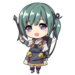 Rule 34 | arrow (projectile), bow (weapon), chibi, fire emblem, fire emblem fates, full body, green hair, holding, holding arrow, holding bow (weapon), holding weapon, japanese clothes, kumehara chiyota, lowres, midori (fire emblem), nintendo, open mouth, purple eyes, twintails, weapon