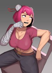 Rule 34 | 1girl, absurdres, arm rest, bandaged arm, bandages, belt, belt buckle, breasts, buckle, chair, chinese clothes, cleavage, double bun, gradient background, grey background, hair bun, hand on own face, highres, ibaraki kasen, large breasts, looking to the side, open mouth, pants, pink eyes, pink hair, pink shirt, shirt, short hair, short sleeves, simple background, sitting, solo, t-shirt, taut clothes, taut shirt, teeth, the robot boy, touhou