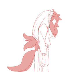 Rule 34 | 1boy, animal ears, copyright request, from side, kanikame, long hair, long sleeves, male focus, pants, parted lips, profile, simple background, solo, standing, sweater, tail, very long hair, white background