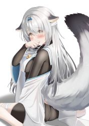 Rule 34 | 1girl, animal ears, azur lane, blush, breasts, covering own mouth, grey hair, highres, miyuki (azur lane), simple background, sitting, small breasts, solo, tail, white background, yellow eyes, yorumon