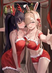 Rule 34 | 2girls, :d, absurdres, animal ears, antlers, armband, asuna (blue archive), bare shoulders, black hair, blue archive, blue eyes, blush, breasts, christmas, cleavage, collarbone, dark-skinned female, dark skin, deer antlers, door, dress, fakey, fishnet pantyhose, fishnets, hair over one eye, highres, horns, karin (blue archive), large breasts, light brown hair, long hair, looking at viewer, mole, mole on breast, multiple girls, navel, open mouth, pantyhose, parted lips, rabbit ears, red dress, ribbon, shorts, smile, thighs, yellow eyes